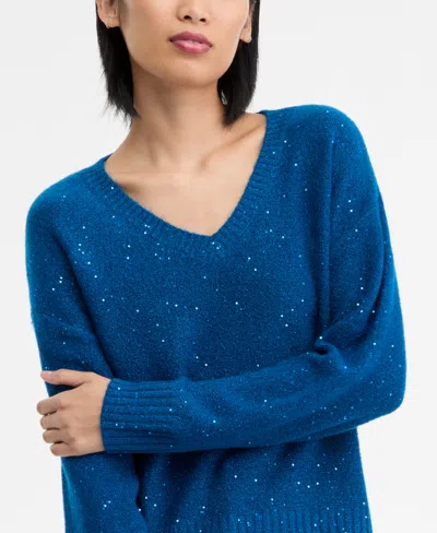 Inc International Concepts Women's Roving Sequin V-neck Sweater, Macy's Exclusive In Blue