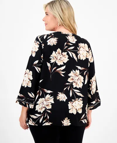 Jm Collection Plus Size Beaded-trim Floral 3/4-sleeve Top, Macy's Exclusive In Black