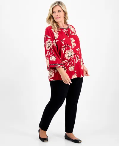 Jm Collection Plus Size Beaded-trim Floral 3/4-sleeve Top, Macy's Exclusive In Red