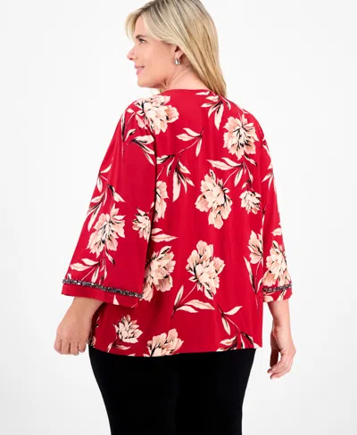 Jm Collection Plus Size Beaded-trim Floral 3/4-sleeve Top, Macy's Exclusive In Red