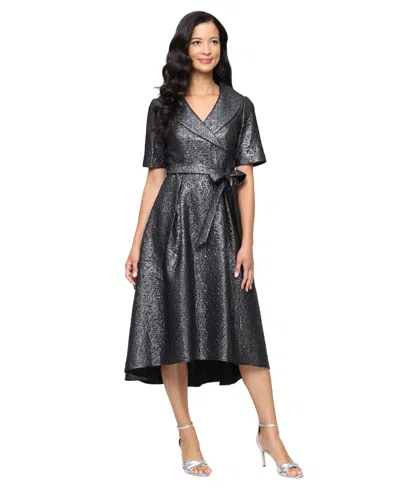 Alex Evenings Faux Wrap Metallic Jacquard Cocktail Midi Dress In Gray