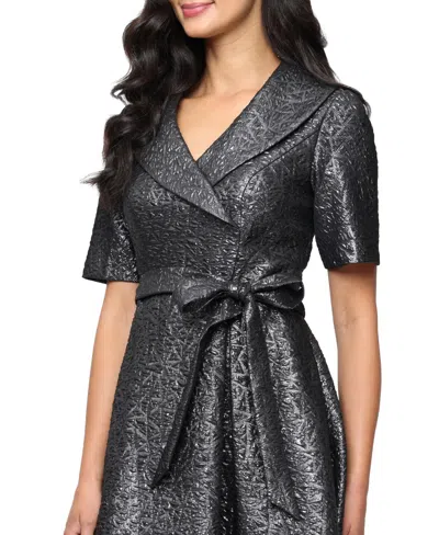 Alex Evenings Faux Wrap Metallic Jacquard Cocktail Midi Dress In Gray