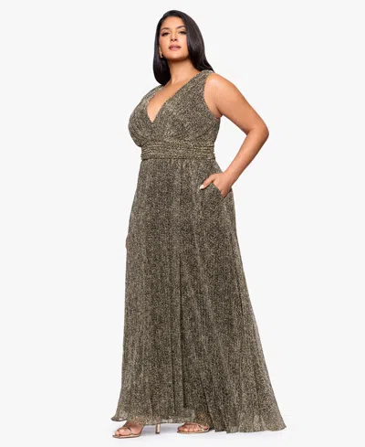 Betsy & Adam Women's V-neck Pleated Animal Print Gown In Gray