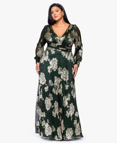 Betsy & Adam Plus "june" Foil Knit V-neck Long Sleeve Floor Length Dress In Green