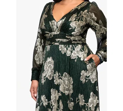 Betsy & Adam Plus "june" Foil Knit V-neck Long Sleeve Floor Length Dress In Green