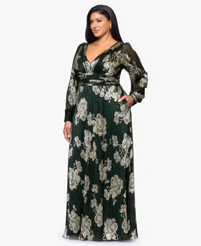 Betsy & Adam Plus "june" Foil Knit V-neck Long Sleeve Floor Length Dress In Green