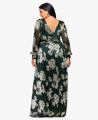 Betsy & Adam Plus "june" Foil Knit V-neck Long Sleeve Floor Length Dress In Green