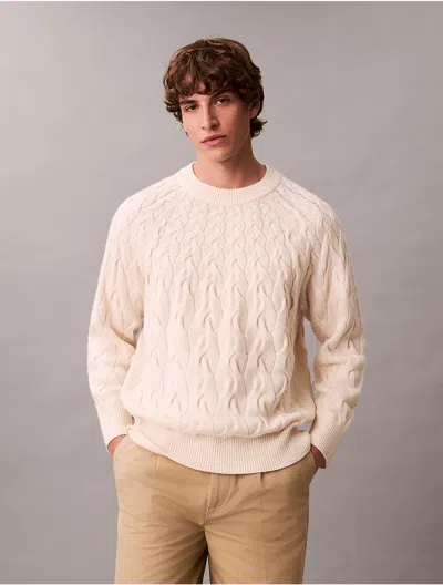 Calvin Klein Lambswool Blend Cable Knit Crew Neck In Neutral