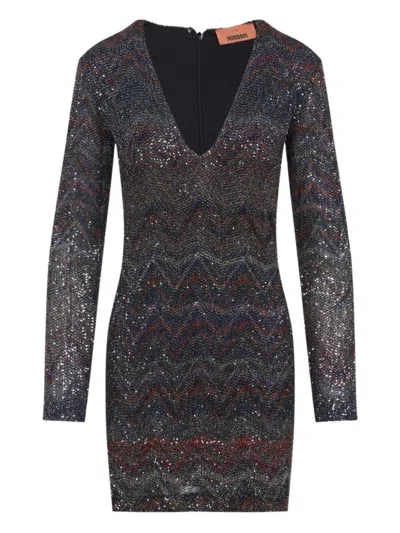 Missoni Zigzag Sequined Dress With Deep V-neckline In Gray