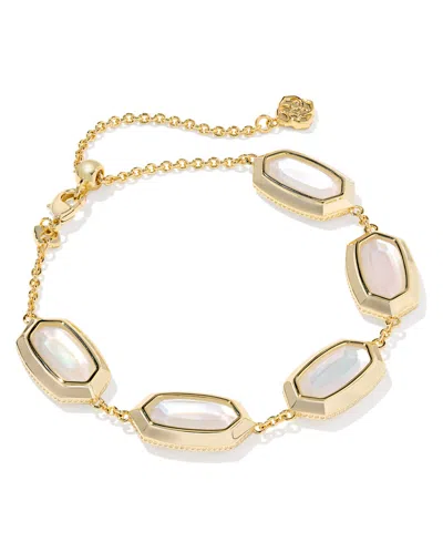 Kendra Scott Imitation Pearl 14k Gold Plated Over Brass Elaina Bezel Chain Bracelet In Gold