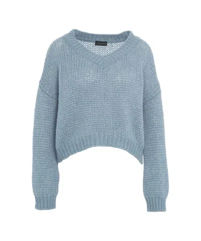 Roberto Collina Cropped Oversized Alpaca Blend Sweater With V-neck Design In Blue