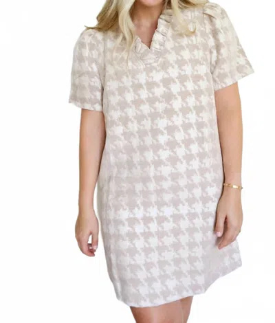 Voy Margaret Houndstooth Velvet V Neck Shift Dress In Taupe In Neutral