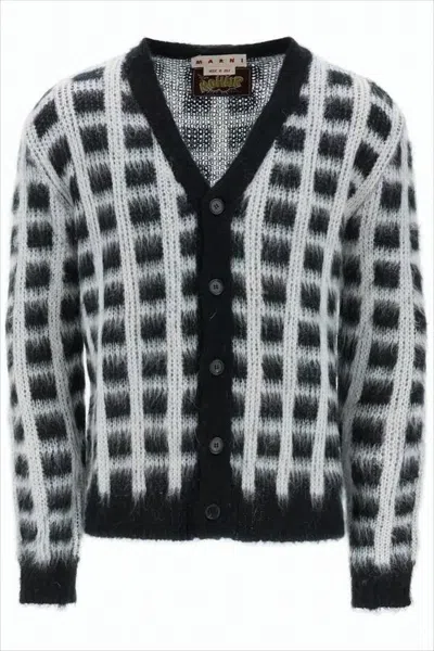 Marni Checkered Textured Cardigan With V-neckline And Ribbed Accents In Multi