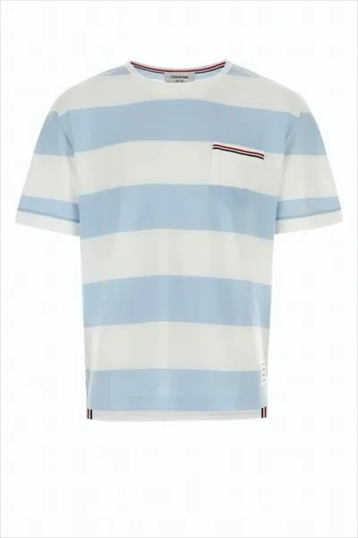 Thom Browne Light Blue Striped Short-sleeved T-shirt In Multi