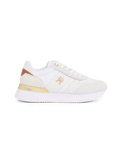Tommy Hilfiger White Leather Sneakers With Suede Details And Gold Accents In White
