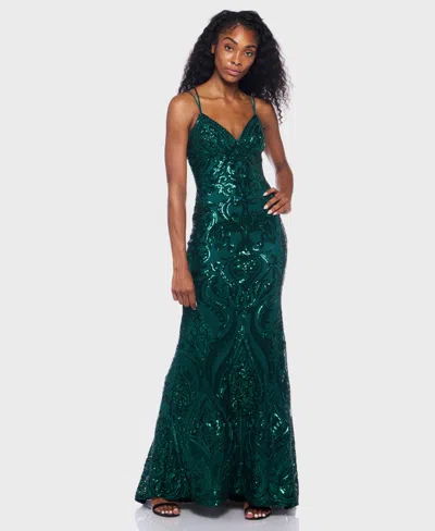 B Darlin Juniors' Sequin-pattern Lace-up V-neck Gown, Created For Macy's In Green