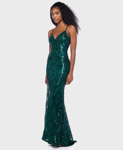 B Darlin Juniors' Sequin-pattern Lace-up V-neck Gown, Created For Macy's In Green