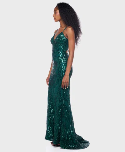 B Darlin Juniors' Sequin-pattern Lace-up V-neck Gown, Created For Macy's In Green