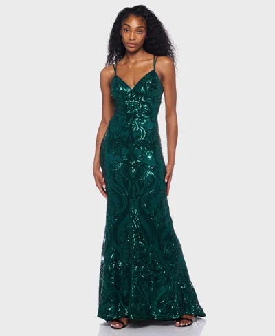 B Darlin Juniors' Sequin-pattern Lace-up V-neck Gown, Created For Macy's In Green