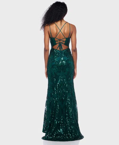 B Darlin Juniors' Sequin-pattern Lace-up V-neck Gown, Created For Macy's In Green