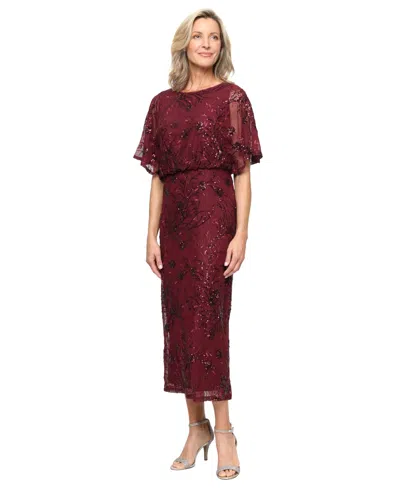 Sl Fashions Women's Sequined Blouson Midi Dress In Burgundy