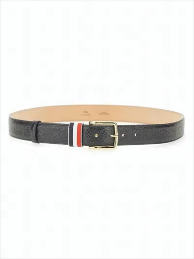 Thom Browne Calf Full Grain Leather Belt With Colored Stripe In Gray