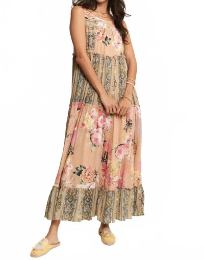 Davi & Dani Floral Boho Stripe Mixed Long Dress In Pink Beige In Multi