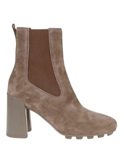 Hogan Suede Block Heel Ankle Boots With Elastic Panels In Brown