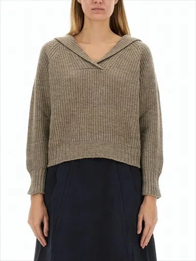 Margaret Howell Ribbed Knit Sweater With Folded Collar In Soft Merino Wool In Brown