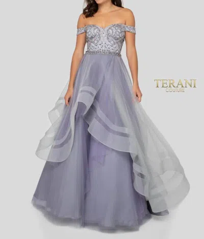 Terani Couture Embellished Off-the-shoulder A-line Dress In Lilac In Blue