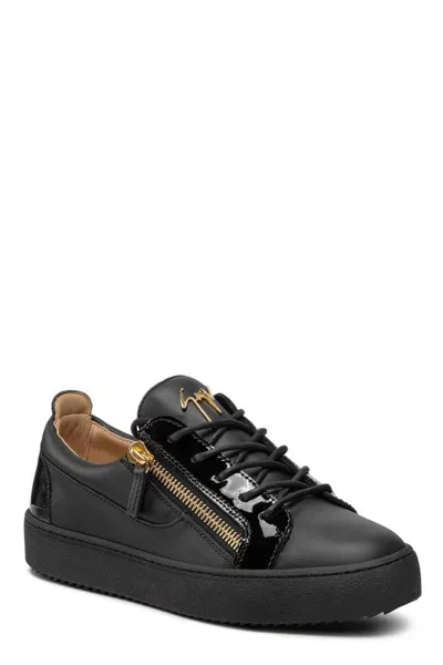 Giuseppe Zanotti Black Leather Sneakers With Patent Accents In Black