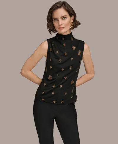 Donna Karan Women's Sleeveless Metallic Beaded Mock Neck Top In Black