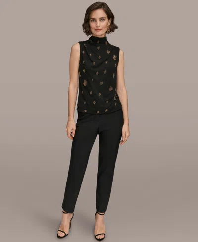 Donna Karan Women's Sleeveless Metallic Beaded Mock Neck Top In Black