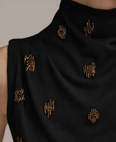 Donna Karan Women's Sleeveless Metallic Beaded Mock Neck Top In Black