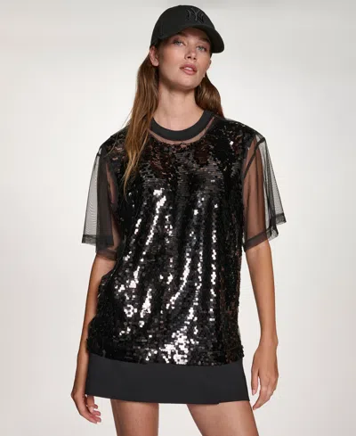 Dkny Women's Sequined Layered Short Sleeves Mesh Top In Black