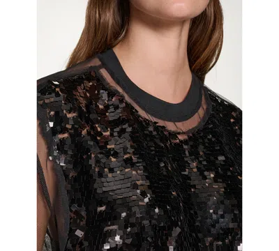 Dkny Women's Sequined Layered Short Sleeves Mesh Top In Black