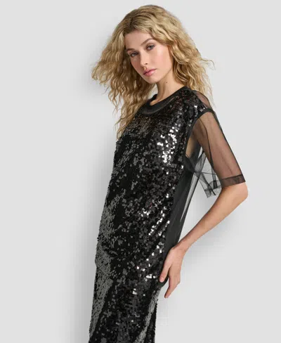 Dkny Women's Sequined Layered Short Sleeves Mesh Top In Black
