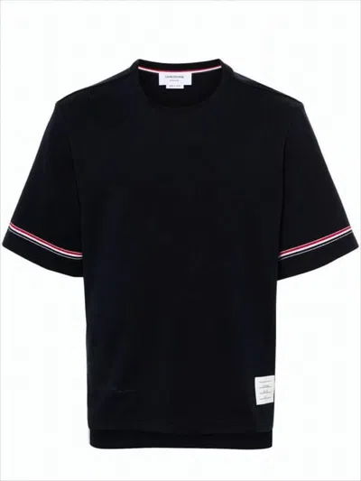 Thom Browne Relaxed Fit Short-sleeve T-shirt With Tricolor Accent And Patch In Black