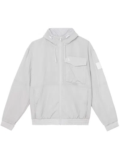 Calvin Klein Grey Hooded Polyester Jacket In White