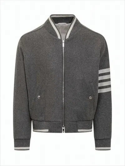 Thom Browne Grey Bomber Jacket With Signature 4bar Stripe In Wool Man In Black