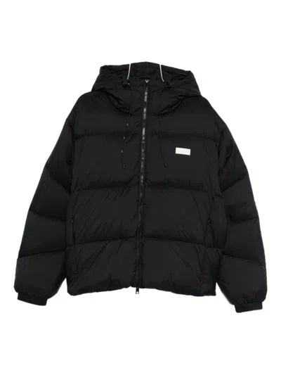 Msgm Short Black Down Jacket With White Label And Zip  In Black