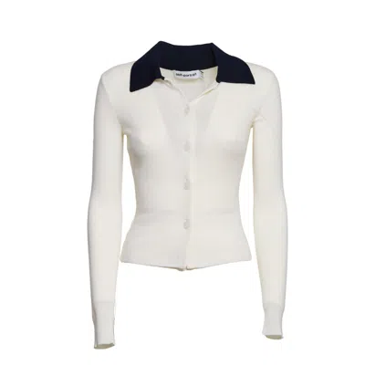 Self-portrait Cream Merino Wool Cardigan With Polo Collar And Button Closure In White
