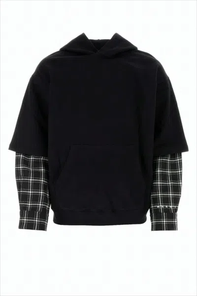 Marni Layered Black Hoodie With Plaid Sleeves In Black