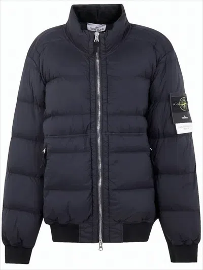 Stone Island Quilted Down Jacket With Ribbed Cuffs And Signature Patch In Blue