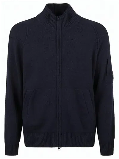 C.p. Company Textured Dark Navy Zip-through Jacket With High Ribbed Collar In Blue
