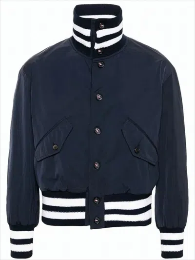 Thom Browne Cropped Blue Bomber Jacket With Ribbed Details And Button Closure In Black