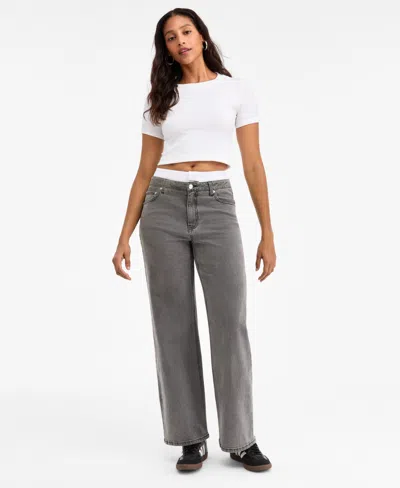 Bar Iii Women's Contrast-waist Wide-leg Jeans, Macy's Exclusive In Gray