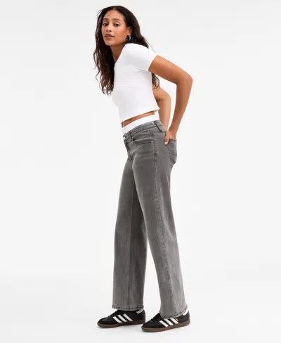 Bar Iii Women's Contrast-waist Wide-leg Jeans, Macy's Exclusive In Gray
