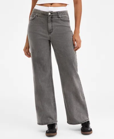 Bar Iii Women's Contrast-waist Wide-leg Jeans, Macy's Exclusive In Gray