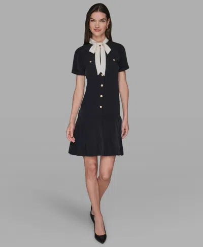 Karl Lagerfeld Bow Neck Pleated Skirt Dress In Black